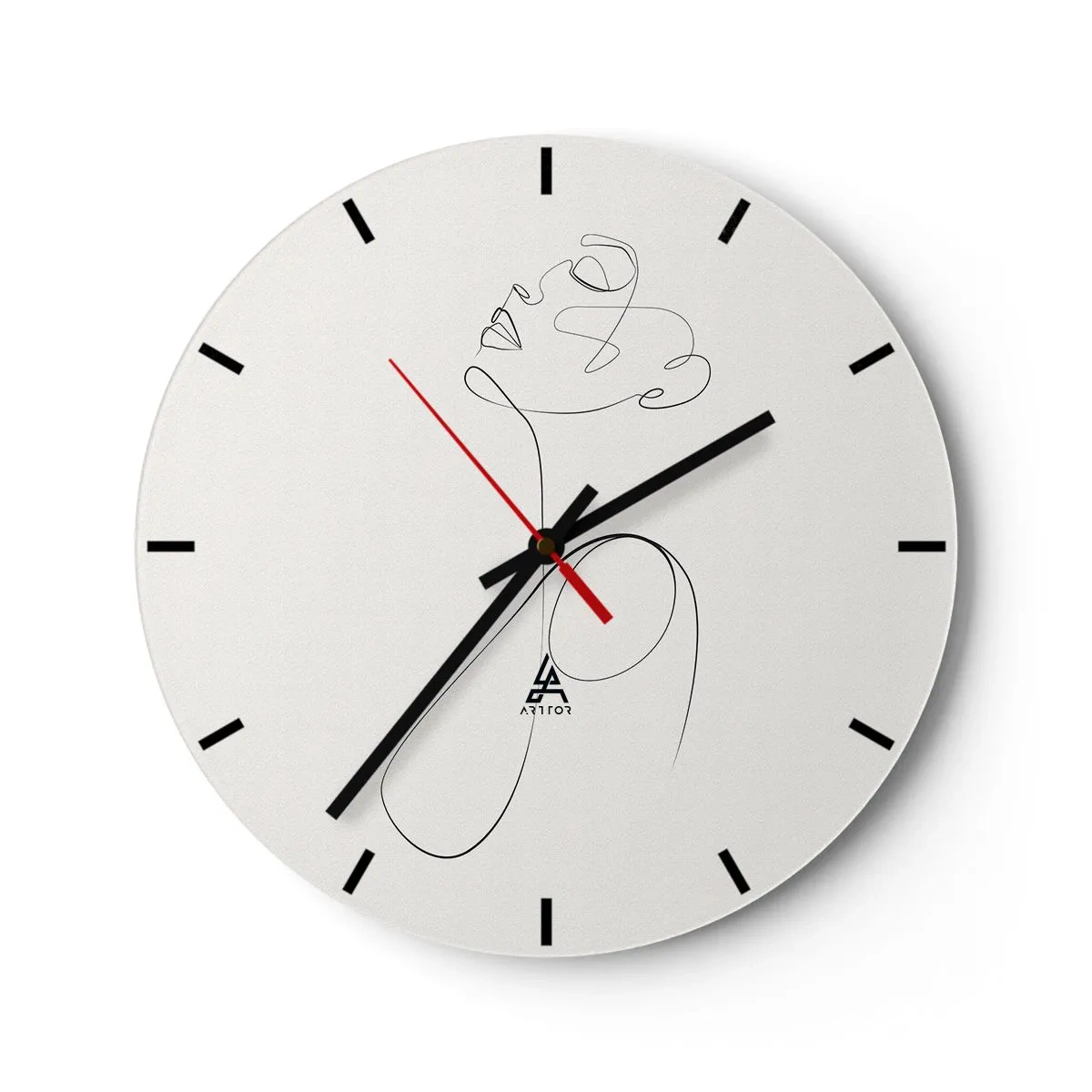 Relógio de parede - Relógio em vidro - Um perfil feminino feito com uma linha preta sobre um fundo claro - 30x30cm - Enrolada em sonhos - Decoração de parede moderna para a sala de estar, cozinha e quarto ARTTOR