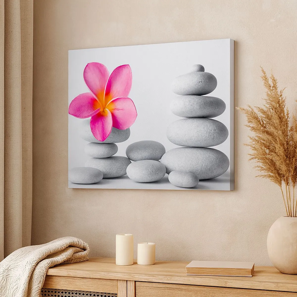 Quadro em tela - Flor rosa em pedras estilo zen - 70x50cm - Pedra sobre pedra, e sobre esta pedra... - Decoração de parede moderna para a sala de estar e quarto ARTTOR