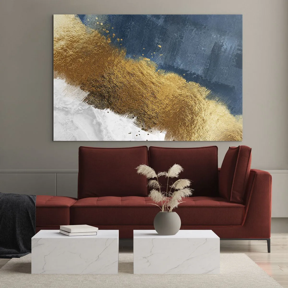 Quadro em vidro - Traços de tinta dourada sobre fundo azul marinho e branco - 70x50cm - As cores do verão - Decoração de parede moderna para a sala de estar e quarto ARTTOR