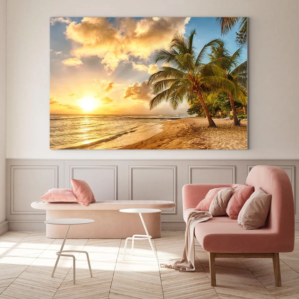 Quadro em vidro - Palm beach ao pôr do sol com cores quentes do céu - 70x50cm - Eterno verão, férias eternas - Decoração de parede moderna para a sala de estar e quarto ARTTOR
