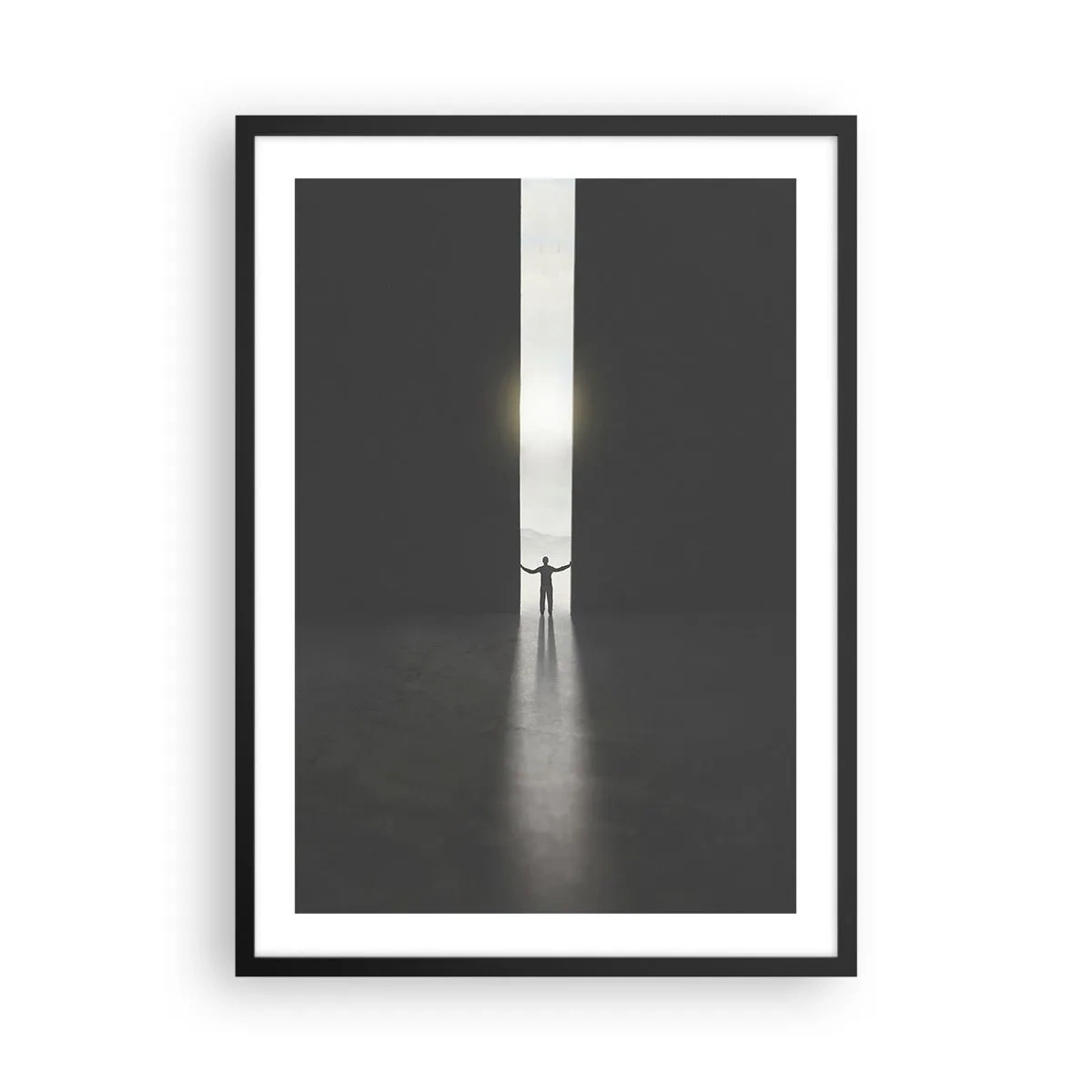 Pôster com moldura preta - Um homem parado na luz de uma fenda em um ambiente escuro - 50x70cm - Um passo para um futuro brilhante - Decoração de parede moderna para a sala de estar e quarto ARTTOR