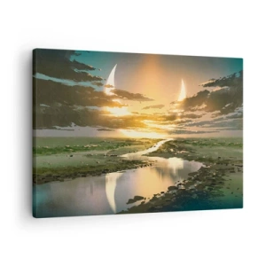 Quadro em tela - Uma paisagem fantástica com duas luas no horizonte - 70x50cm - Algures numa galáxia muito, muito distante - Decoração de parede moderna para a sala de estar e quarto ARTTOR