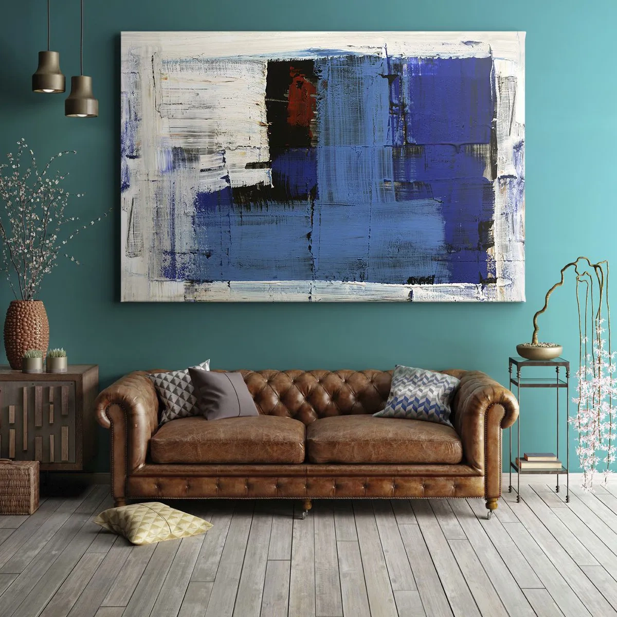 Quadro em tela - Composição abstrata em tons de azul e branco - 70x50cm - O segredo do azul - Decoração de parede moderna para a sala de estar e quarto ARTTOR