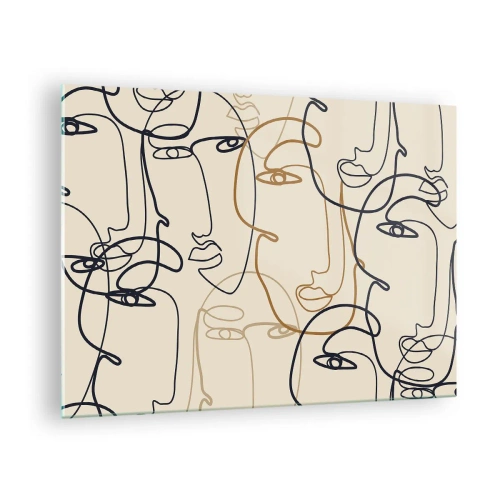 Quadro em vidro - Rostos contornados desenhados com um único traço em bege - 70x50cm - Retrato multiplicado - Decoração de parede moderna para a sala de estar e quarto ARTTOR