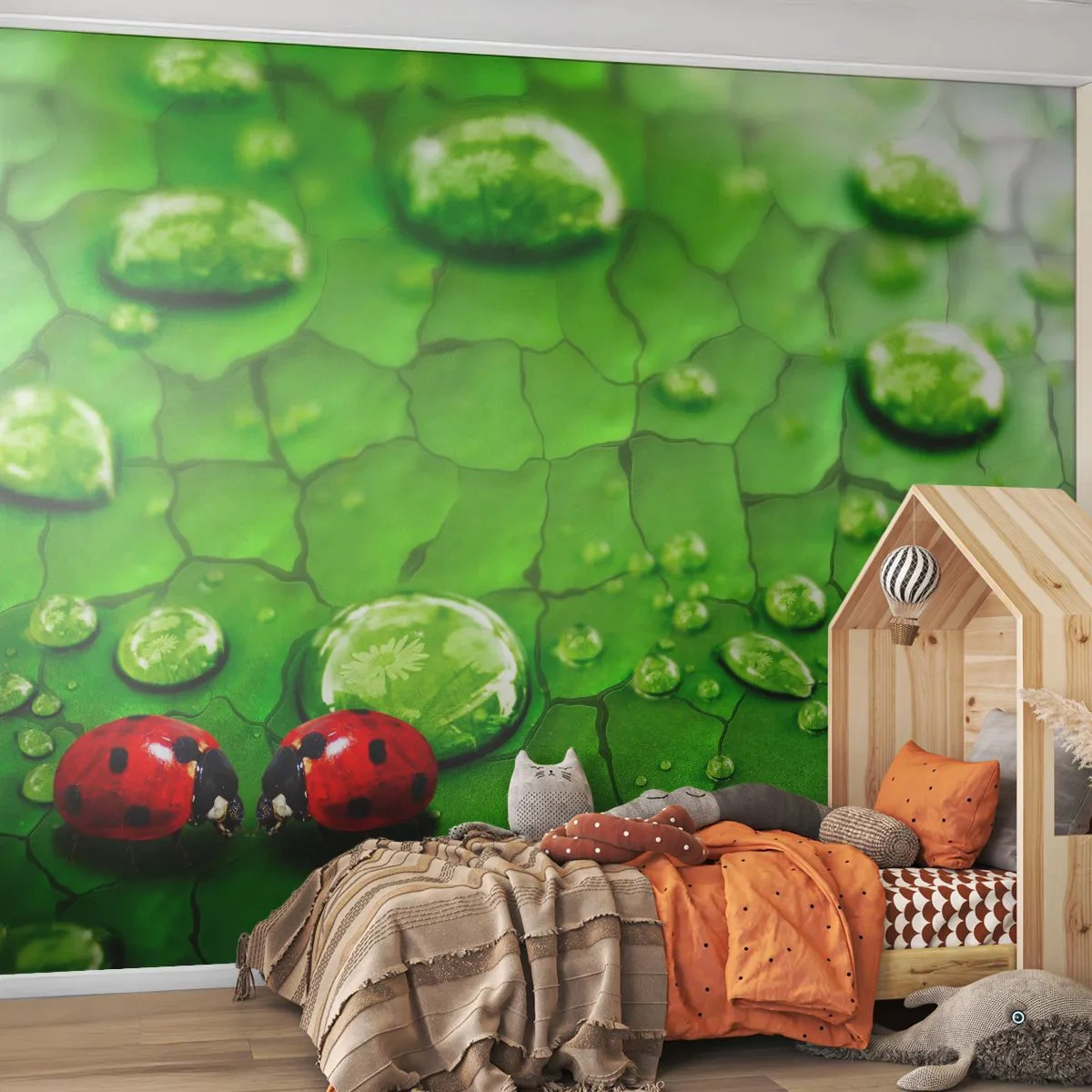 Papel de Parede Premium Canvas - Reunião em verde - Natureza, Joaninha, Uma gota d'água - 350x256 cm