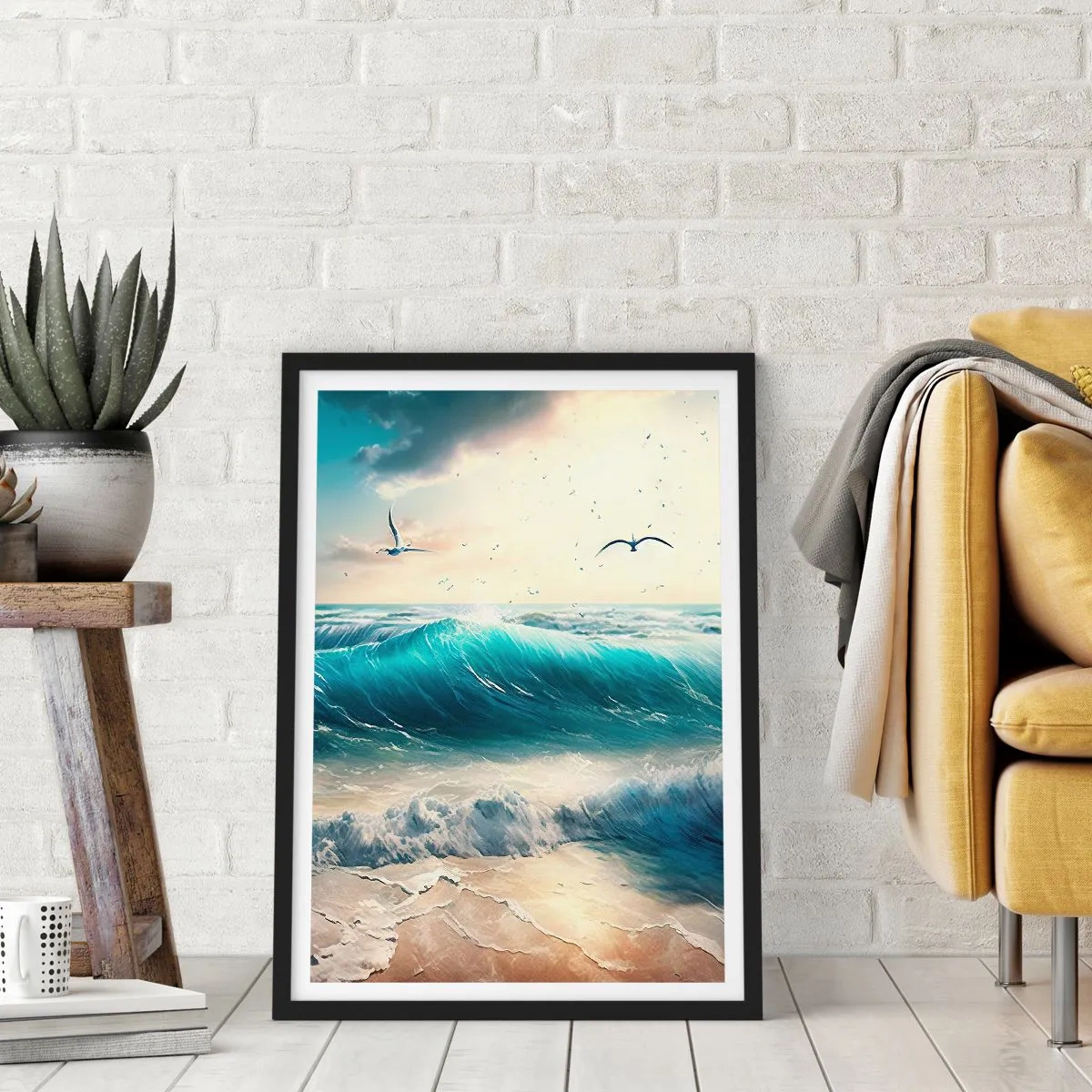Pôster com moldura preta - Ondas turquesas quebrando na costa - 50x70cm - Cantarola apenas para si - Decoração de parede moderna para a sala de estar e quarto ARTTOR