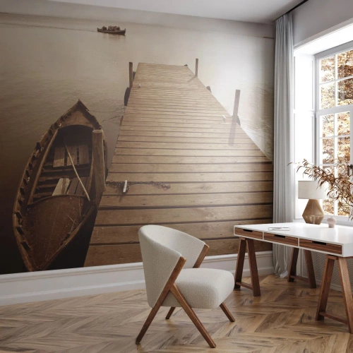 Papel de Parede Premium Sand - Paz de espírito - Paisagem, Lago, Ponte de madeira - 200x140 cm