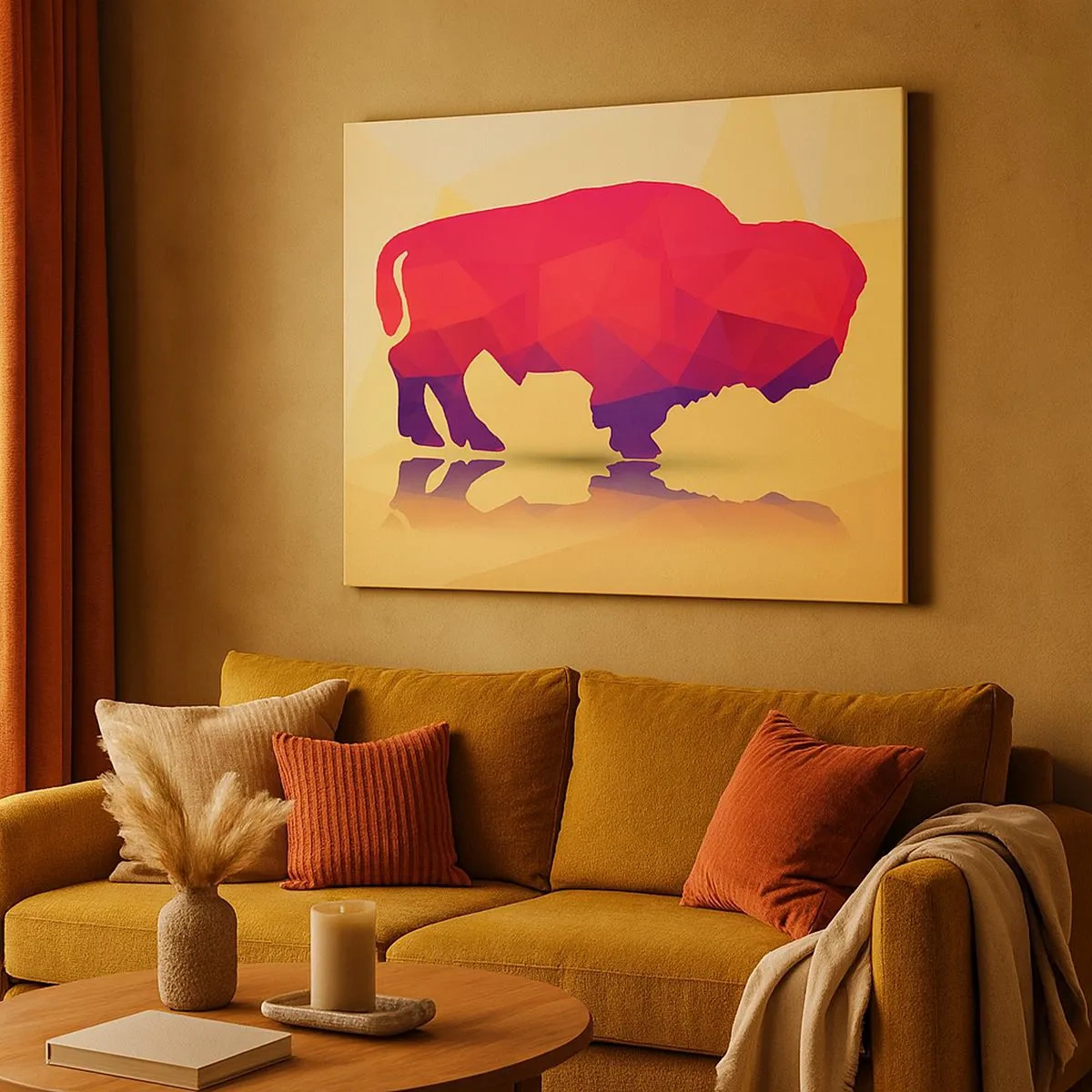Quadro em tela - Silhueta geométrica de um bisão em tons de vermelho e roxo - 70x50cm - A força amaranto do bisonte - Decoração de parede moderna para a sala de estar e quarto ARTTOR