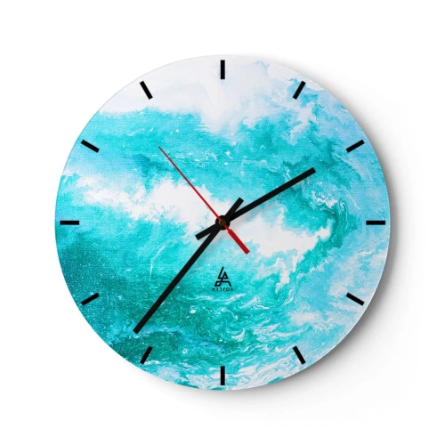 Relógio de parede - Relógio em vidro - Onda abstrata em tons de azul e turquesa - 30x30cm - No núcleo da água - Decoração de parede moderna para a sala de estar, cozinha e quarto ARTTOR
