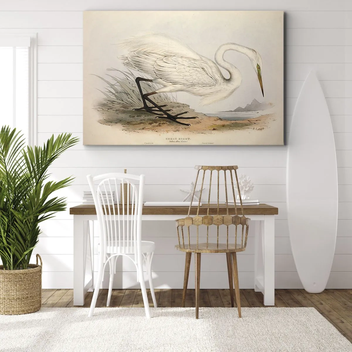 Quadro em tela - Desenho de uma garça branca contra um fundo de paisagem natural - 70x50cm - A senhora nos juncos - Decoração de parede moderna para a sala de estar e quarto ARTTOR