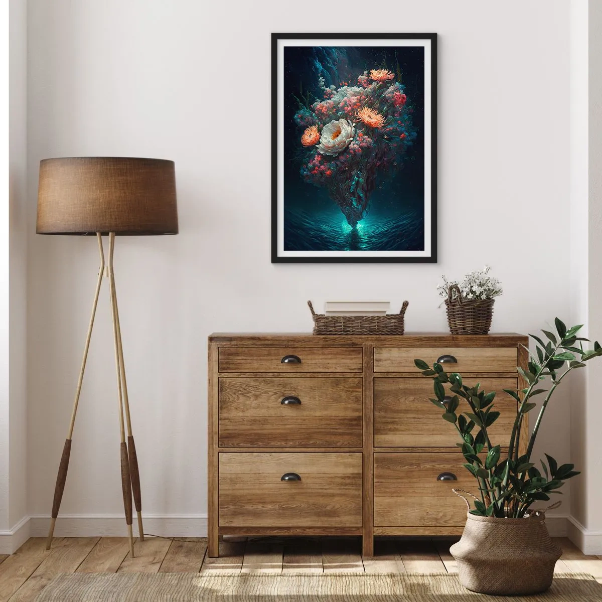 Pôster com moldura preta - Um arranjo mágico de flores flutuando sobre a água - 50x70cm - Um estranho jardim - Decoração de parede moderna para a sala de estar e quarto ARTTOR