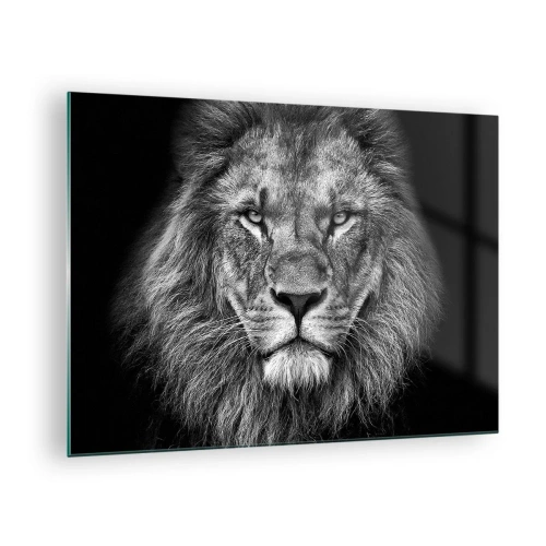 Quadro em vidro - Retrato de um leão em preto e branco com uma juba majestosa - 70x50cm - Em trajes de coroação - Decoração de parede moderna para a sala de estar e quarto ARTTOR
