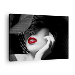 Quadro em tela - Retrato em preto e branco de uma mulher com lábios vermelhos - 70x50cm - Um estudo em vermelho - Decoração de parede moderna para a sala de estar e quarto ARTTOR