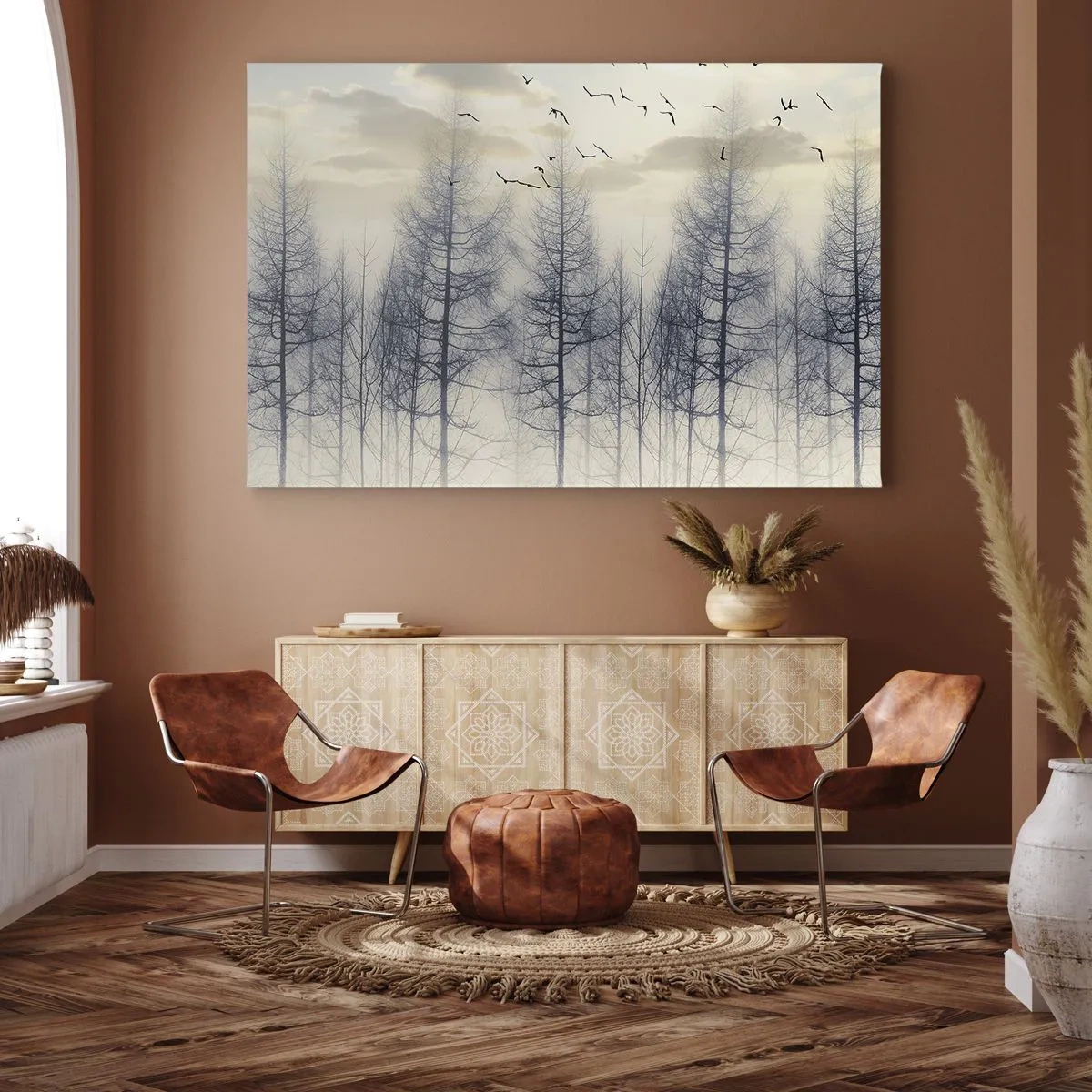 Quadro em tela - Floresta enevoada com pássaros contra o céu do pôr do sol - 70x50cm - Espíritos florestais - Decoração de parede moderna para a sala de estar e quarto ARTTOR