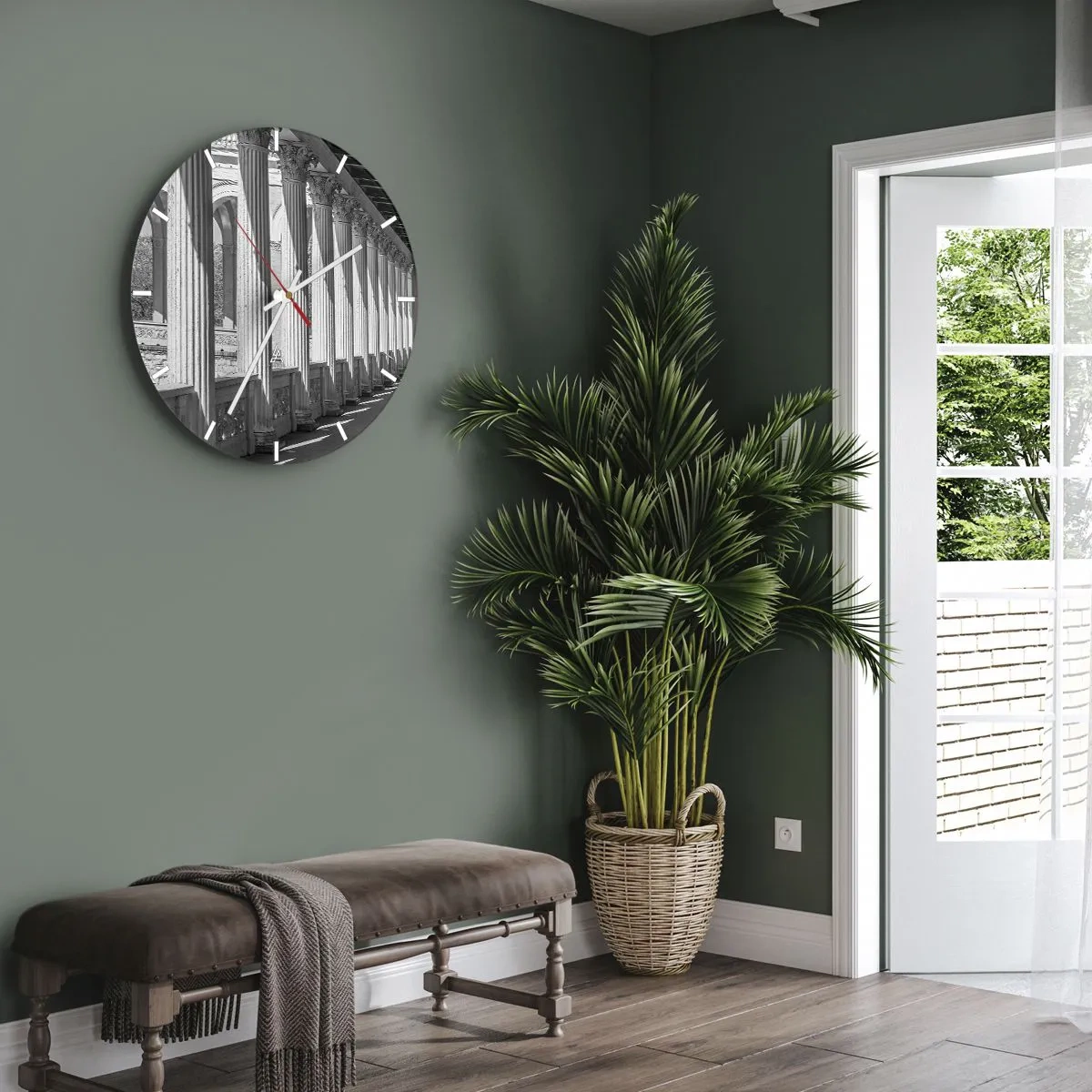 Relógio de parede - Relógio em vidro - Uma galeria clássica com colunas em perspectiva preta e branca - 30x30cm - Arcada ensolarada - Decoração de parede moderna para a sala de estar, cozinha e quarto ARTTOR