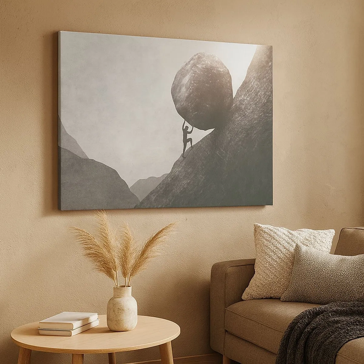 Quadro em tela - Um homem escalando uma enorme pedra em uma colina - 70x50cm - Eu creio - Decoração de parede moderna para a sala de estar e quarto ARTTOR