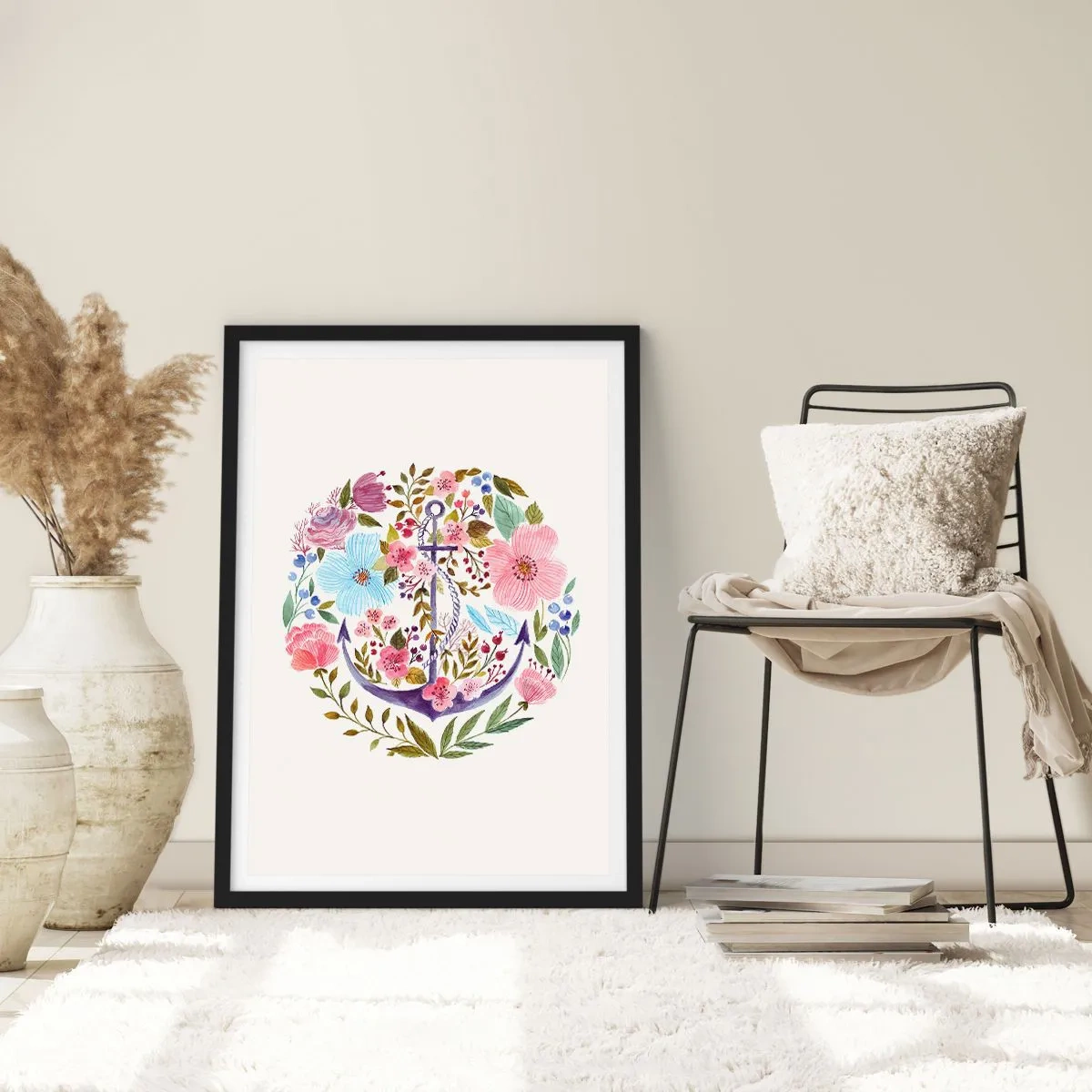 Pôster com moldura preta - Uma âncora em aquarela cercada por flores em um fundo claro. - 50x70cm - O bom sonho de um marinheiro - Decoração de parede moderna para a sala de estar e quarto ARTTOR