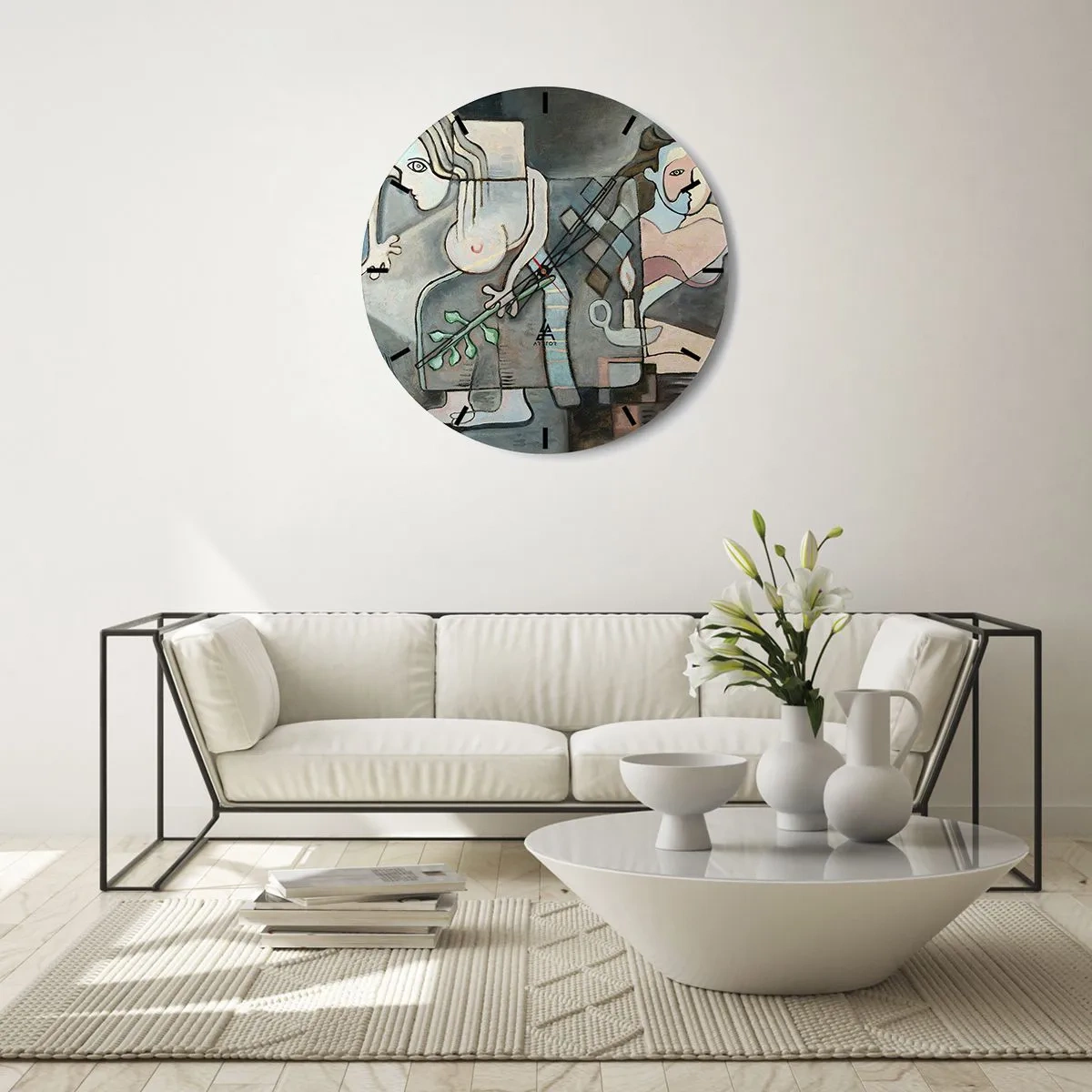 Relógio de parede - Relógio em vidro - Uma composição abstrata de duas figuras com elementos de mosaico. - 30x30cm - Mosaico de alma e matéria - Decoração de parede moderna para a sala de estar, cozinha e quarto ARTTOR