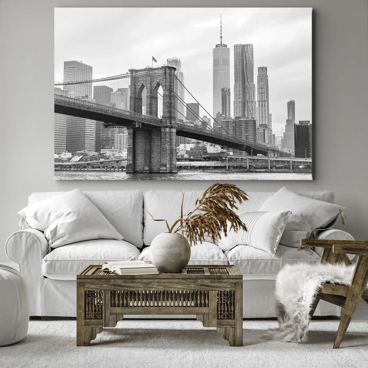 Quadro em tela - Ponte do Brooklyn com arranha-céus de Nova York ao fundo - 70x50cm - Vibrações de Nova York - Decoração de parede moderna para a sala de estar e quarto ARTTOR