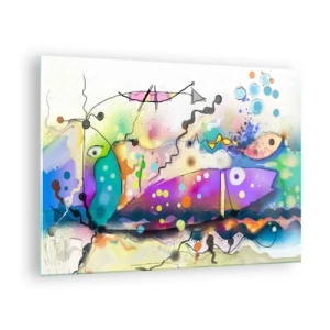 Quadro em vidro - Composição abstrata com formas e linhas coloridas - 70x50cm - Sem palavras! - Decoração de parede moderna para a sala de estar e quarto ARTTOR