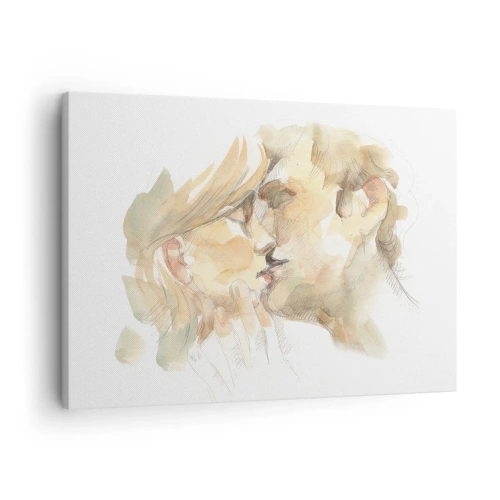 Quadro em tela - Retrato romântico em aquarela de um casal se beijando - 70x50cm - A outra metade foi encontrada? - Decoração de parede moderna para a sala de estar e quarto ARTTOR