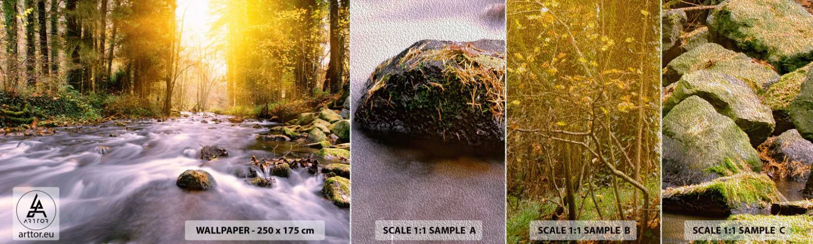 Amostra de papel de parede Premium Sand - Malaquita em um cenário de ouro e prata - Paisagem, Córrego da montanha, Floresta - 100x30 cm