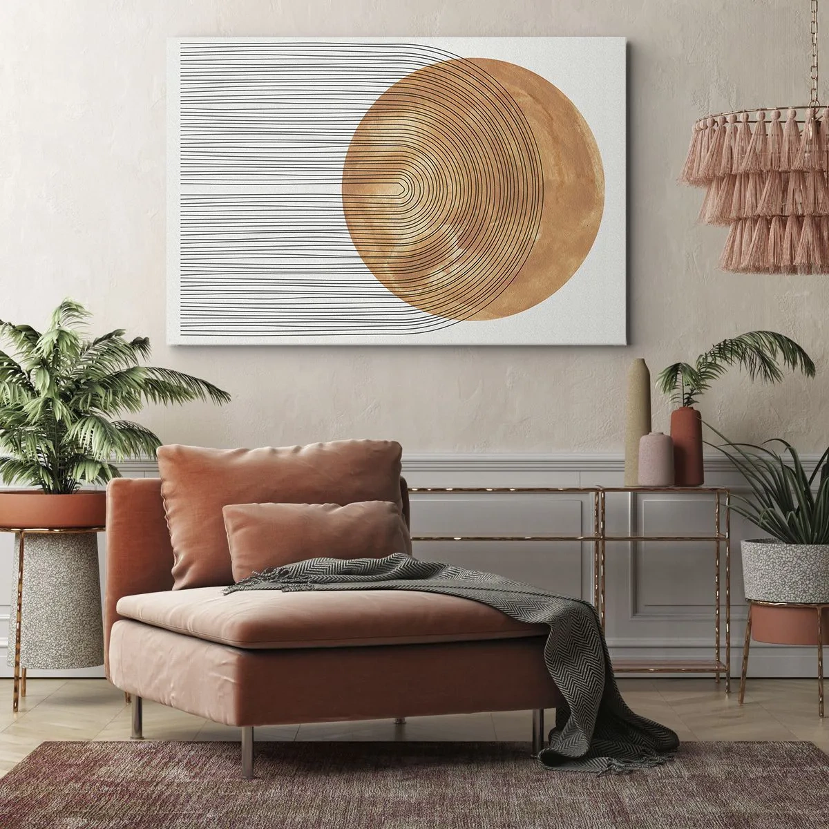 Quadro em tela - Composição geométrica com círculos e linhas em cores quentes. - 70x50cm - Composição solar - Decoração de parede moderna para a sala de estar e quarto ARTTOR