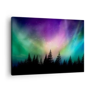 Quadro em tela - Aurora Boreal sobre uma floresta com céu estrelado - 70x50cm - Magia branca - Decoração de parede moderna para a sala de estar e quarto ARTTOR