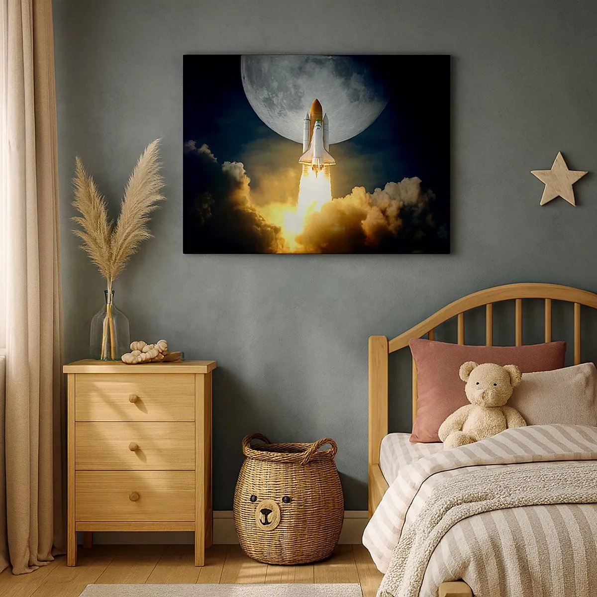 Quadro em tela - Um foguete decolando tendo como pano de fundo uma lua cheia cercada por nuvens dinâmicas. - 70x50cm - O início de uma aventura sobrenatural - Decoração de parede moderna para a sala de estar e quarto ARTTOR