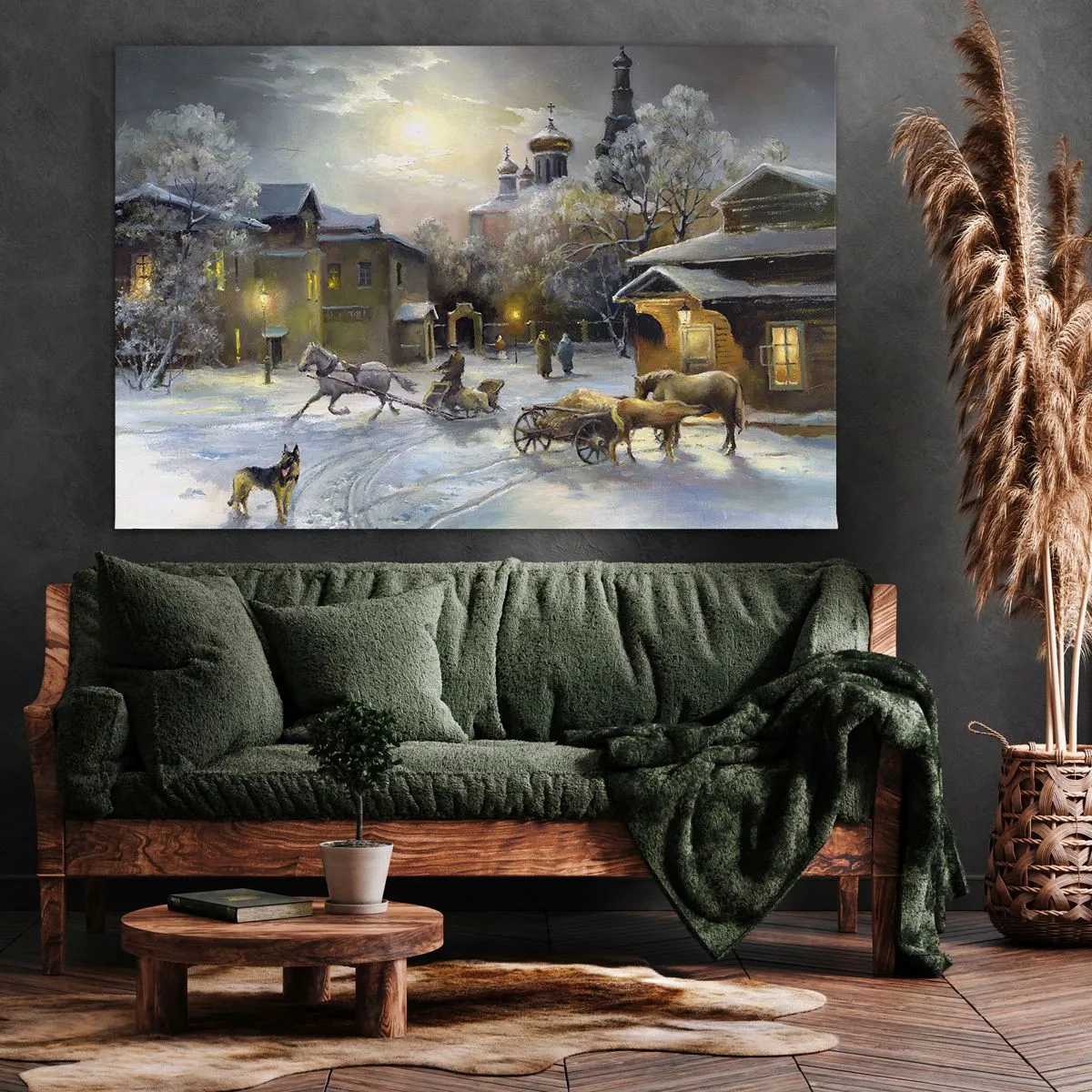 Quadro em tela - Paisagem de inverno em uma cidade russa com um trenó e uma igreja - 70x50cm - A magia do inverno russo - Decoração de parede moderna para a sala de estar e quarto ARTTOR