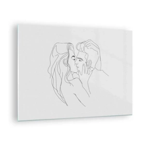 Quadro em vidro - Um desenho minimalista de um casal em um beijo romântico - 70x50cm - Com a mesma linha - Decoração de parede moderna para a sala de estar e quarto ARTTOR
