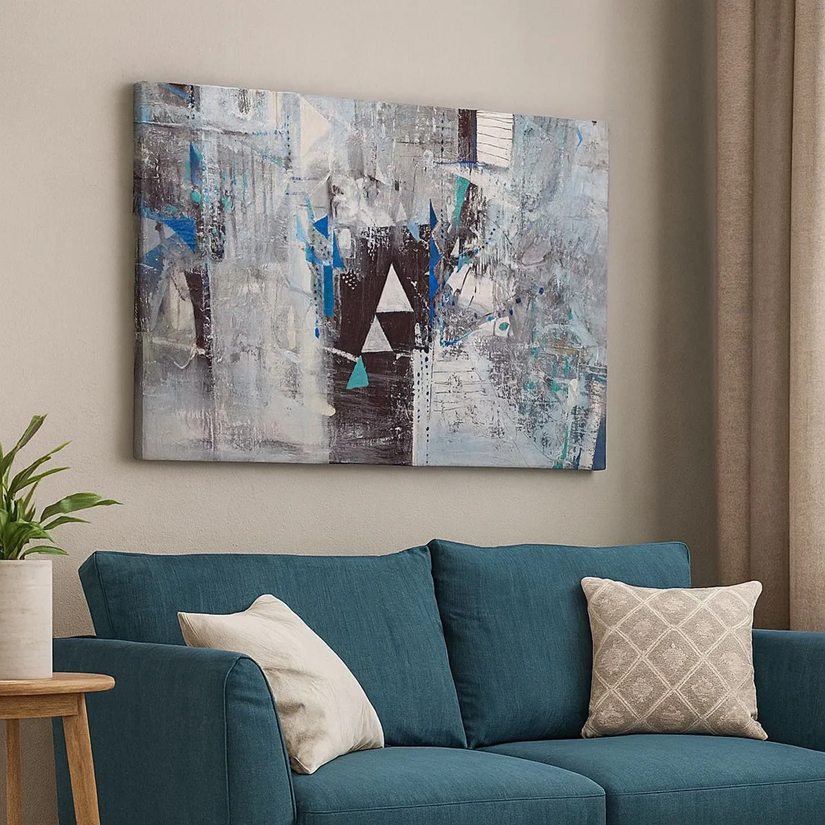 Quadro em tela - Composição abstrata com triângulos e padrões geométricos - 70x50cm - A ordem superior dos triângulos - Decoração de parede moderna para a sala de estar e quarto ARTTOR