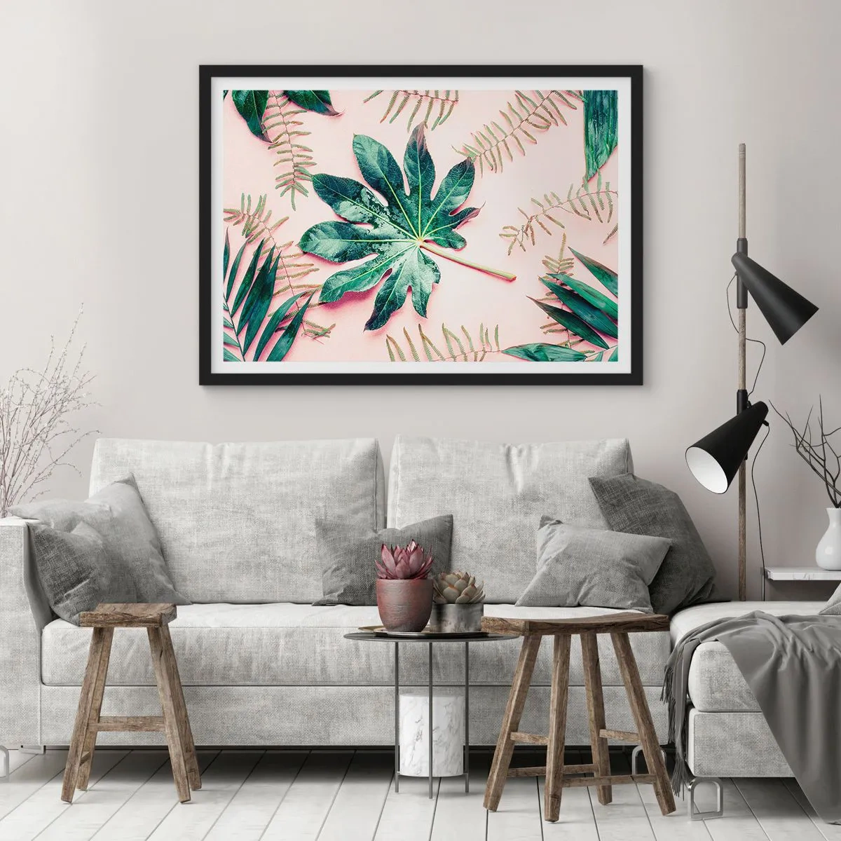 Pôster com moldura preta - Estudo do verde em um fundo rosa - 70x50 cm
