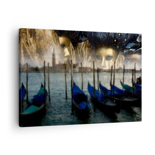 Quadro em tela - Máscaras de carnaval veneziano e gôndolas com a cidade e a água ao fundo - 70x50cm - Hora do Carnaval - Decoração de parede moderna para a sala de estar e quarto ARTTOR