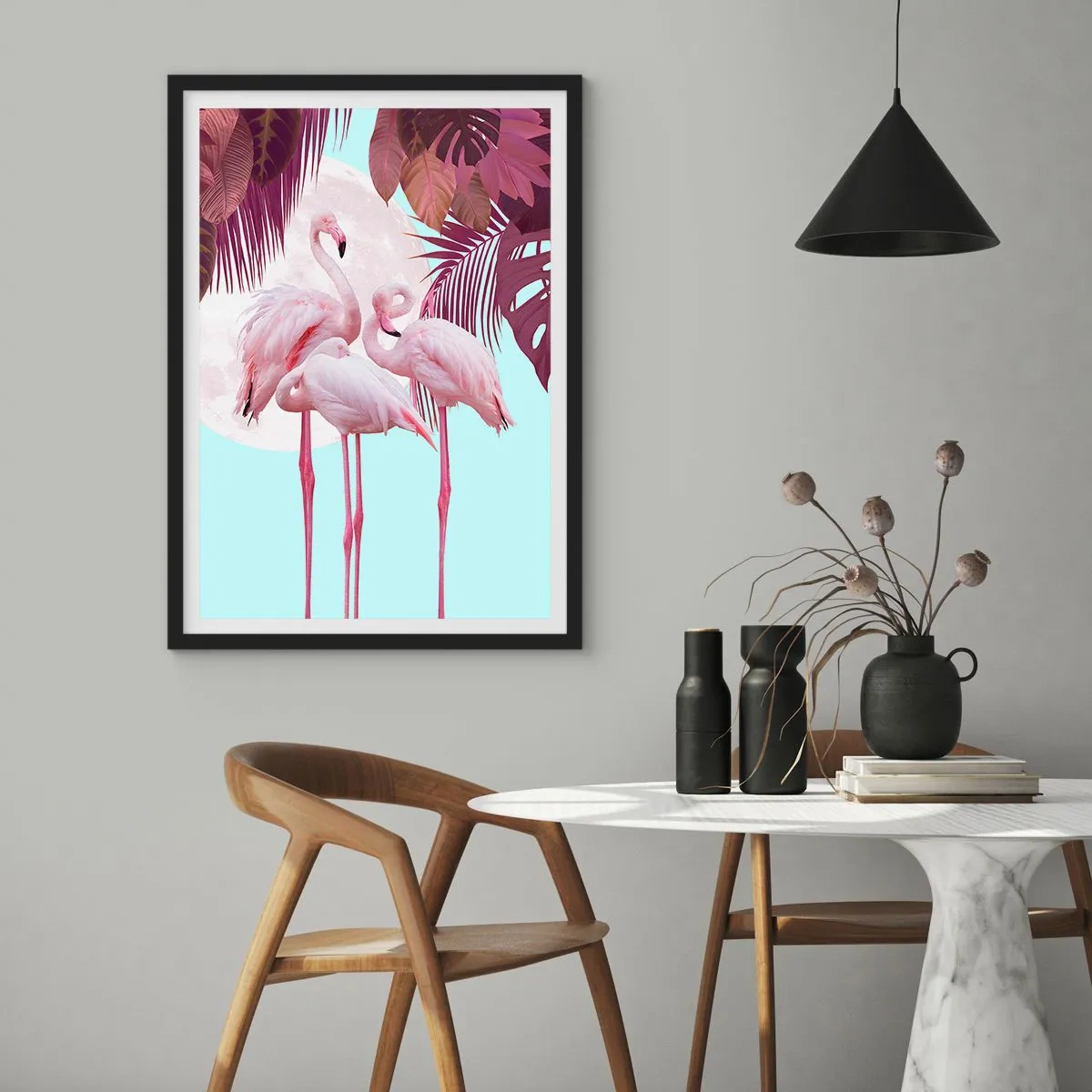 Pôster com moldura preta - Flamingos contra um fundo de folhagem tropical e lua cheia - 50x70cm - Três graças de pássaros - Decoração de parede moderna para a sala de estar e quarto ARTTOR