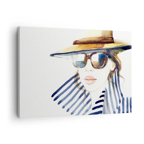 Quadro em tela - Retrato de uma mulher com chapéu e óculos de sol - 70x50cm - Bem-vindo à Flórida - Decoração de parede moderna para a sala de estar e quarto ARTTOR