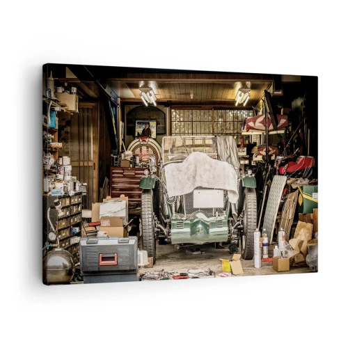 Quadro em tela - Um carro velho em uma garagem cercado por ferramentas e equipamentos - 70x50cm - De volta ao passado - Decoração de parede moderna para a sala de estar e quarto ARTTOR