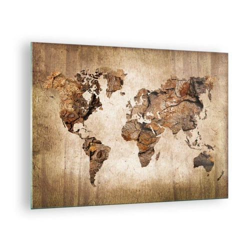 Quadro em vidro - Um mapa-múndi em tons de marrom imitando madeira - 70x50cm - Descobrindo o o mundo - Decoração de parede moderna para a sala de estar e quarto ARTTOR