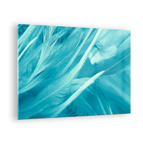 Quadro em vidro - Penas turquesas em um close delicado - 70x50cm - Afogado em penugem - Decoração de parede moderna para a sala de estar e quarto ARTTOR