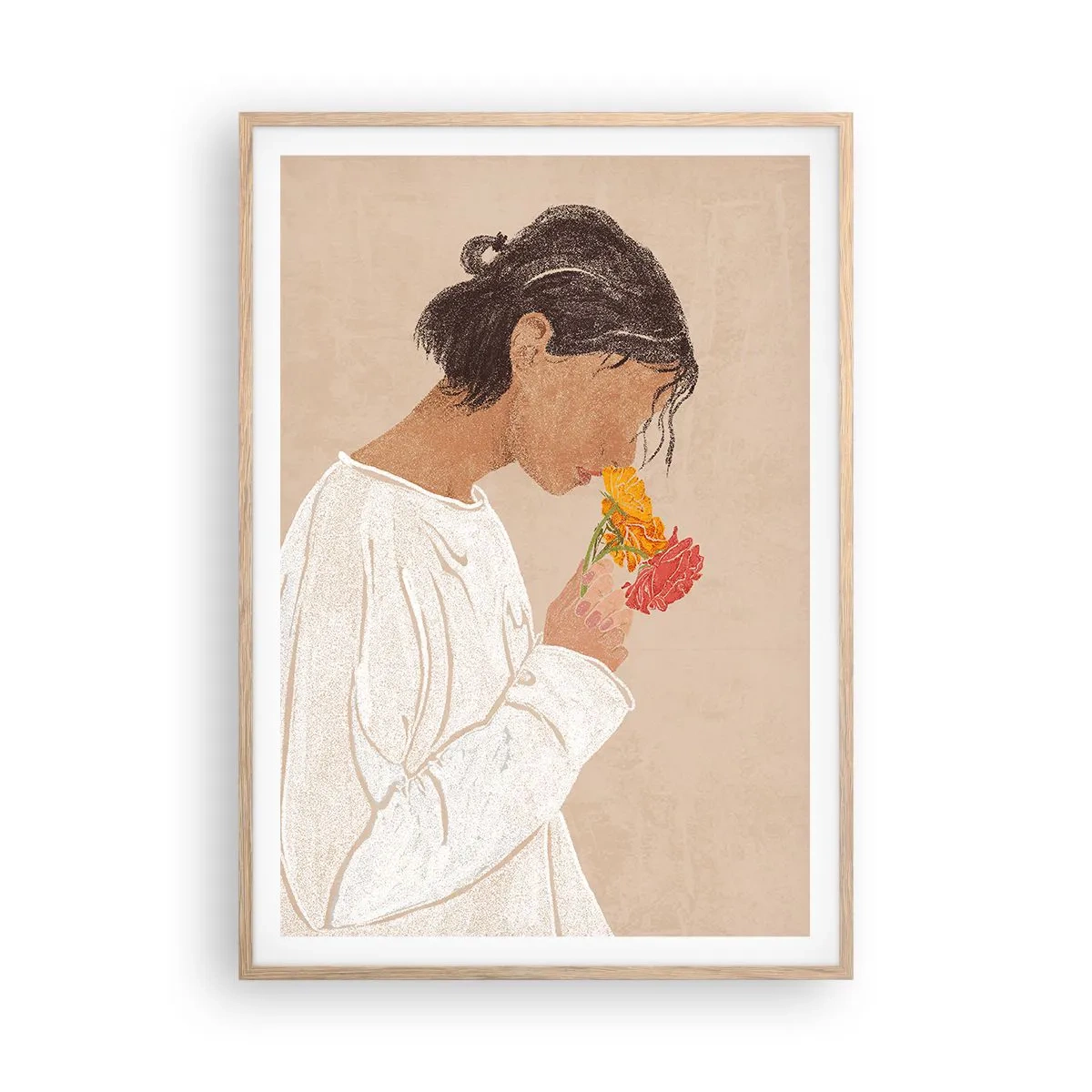 Pôster com moldura de carvalho claro - Menina e flores - 70x100 cm