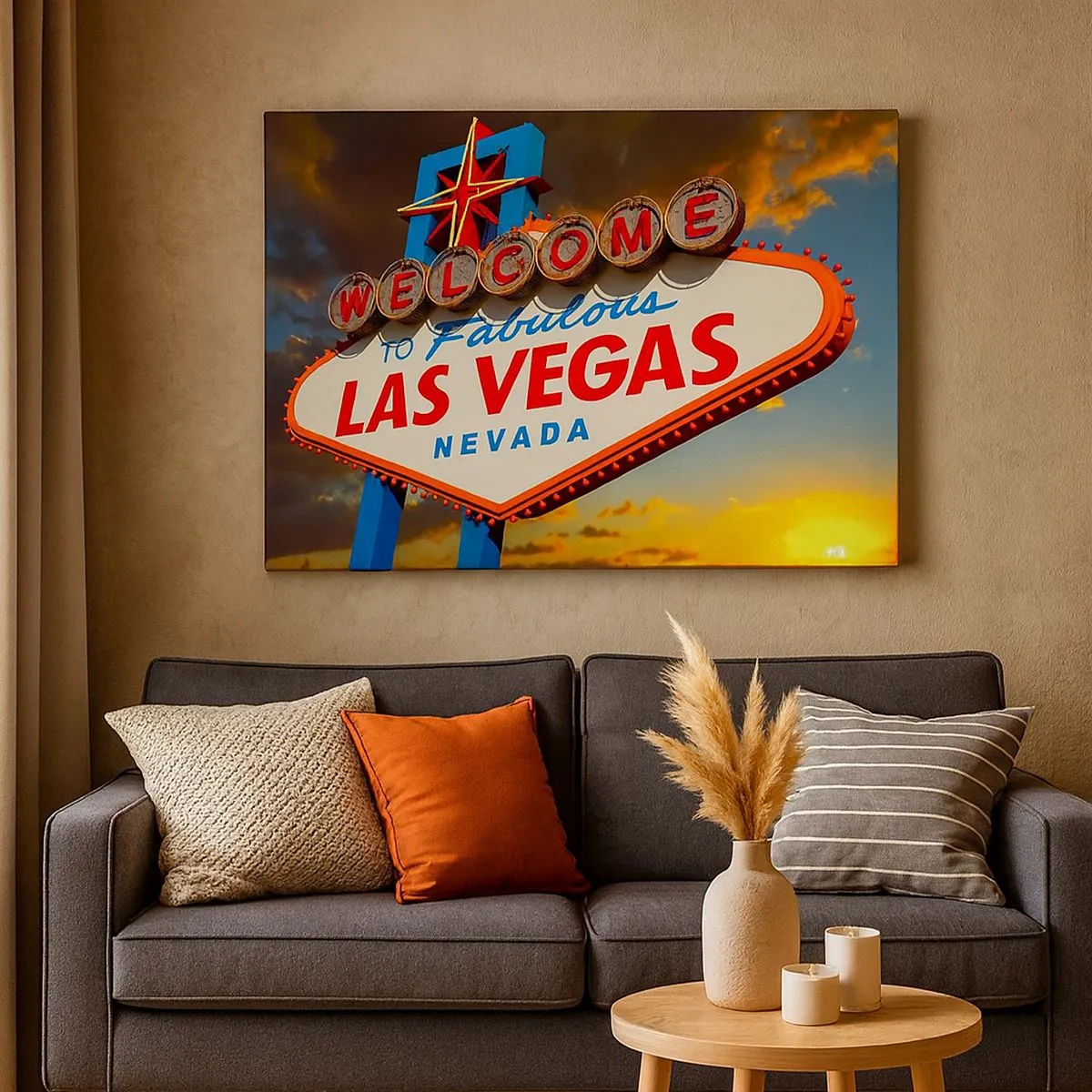 Quadro em tela - A famosa placa Welcome to Fabulous Las Vegas ao pôr do sol - 70x50cm - Por um sorriso do destino - Decoração de parede moderna para a sala de estar e quarto ARTTOR