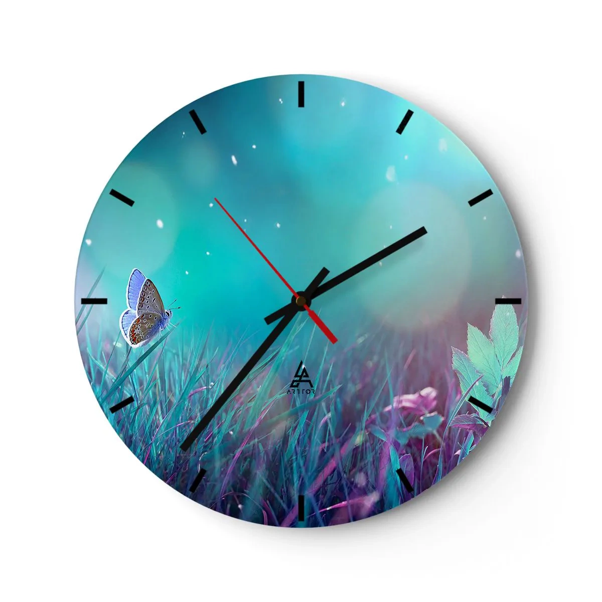 Relógio de parede - Relógio em vidro - Borboleta na grama à luz de cores pastéis e flashes - 30x30cm - A vida secreta do prado - Decoração de parede moderna para a sala de estar, cozinha e quarto ARTTOR