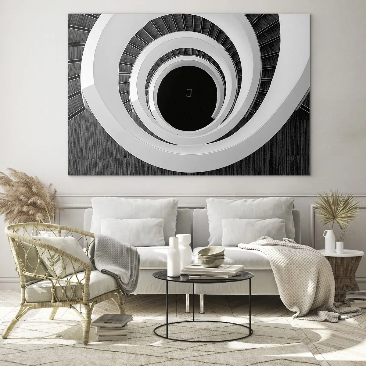 Quadro em vidro - Escada em espiral preta e branca vista de cima - 70x50cm - Ao âmago - Decoração de parede moderna para a sala de estar e quarto ARTTOR