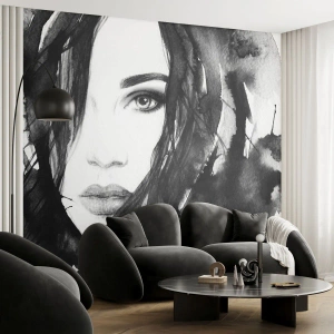 Papel de Parede Standard Eco - Retrato de uma dama a preto e branco - Abstração, Rosto de mulher, Retrato - 350x256 cm