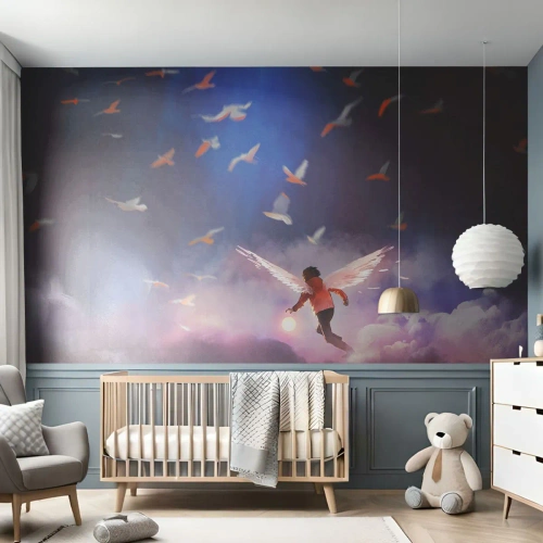 Papel de Parede Standard Eco - Uma cena mágica com uma figura com asas entre as nuvens e pássaros - 100x70cm - É preciso ter imaginação e coragem - Decoração de parede moderna para a sala de estar e quarto ARTTOR