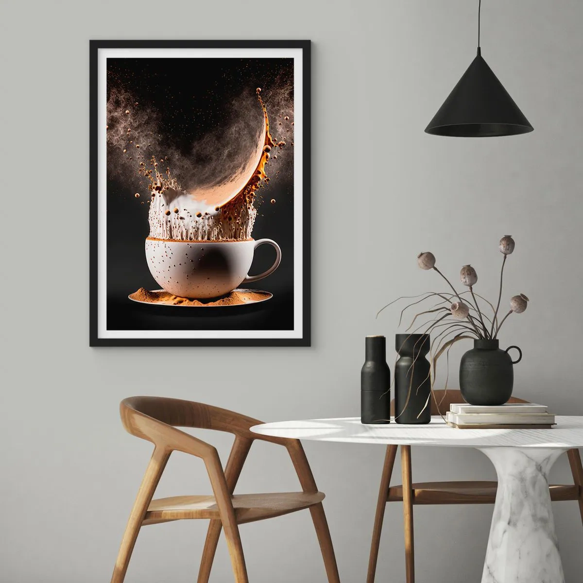 Pôster com moldura preta - Uma explosão dinâmica de café em uma xícara - 50x70cm - Uma explosão de sabor - Decoração de parede moderna para a sala de estar e quarto ARTTOR