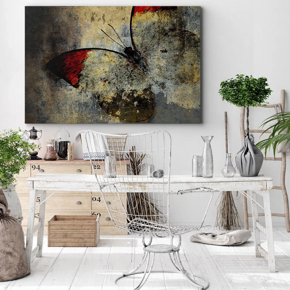 Quadro em tela - Uma borboleta em tons de vermelho e cinza em um fundo texturizado - 70x50cm - Olhe antes que desapareça - Decoração de parede moderna para a sala de estar e quarto ARTTOR