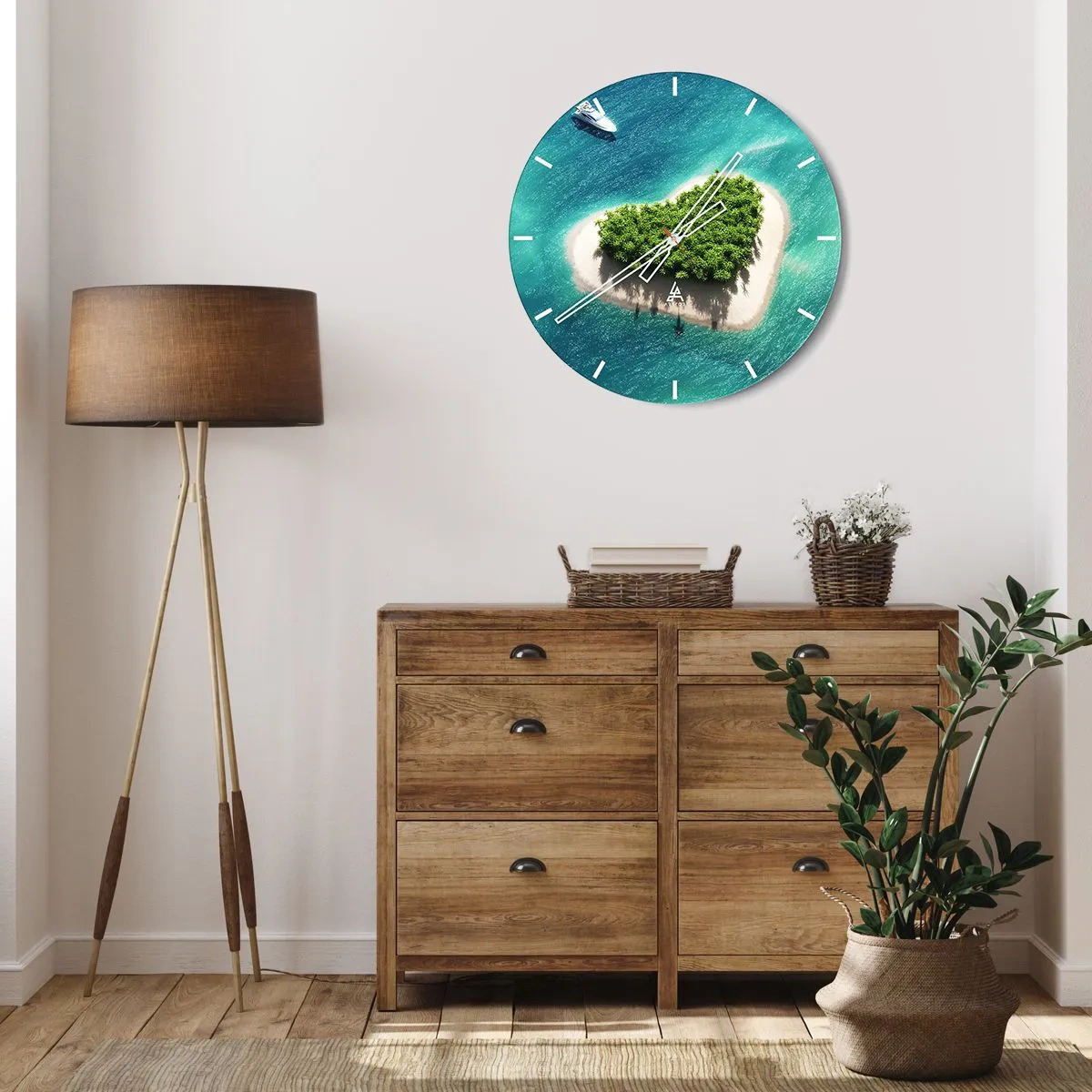 Relógio de parede - Relógio em vidro - Uma ilha em forma de coração com um mar azul-turquesa como pano de fundo - 30x30cm - Eu amo o verão - Decoração de parede moderna para a sala de estar, cozinha e quarto ARTTOR