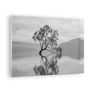 Quadro em vidro - Uma árvore solitária na água em uma paisagem em preto e branco - 70x50cm - Existe um país assim - Decoração de parede moderna para a sala de estar e quarto ARTTOR