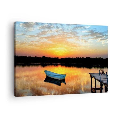 Quadro em tela - Um barco em um lago calmo durante o pôr do sol - 70x50cm - Olhe, ouça, medite - Decoração de parede moderna para a sala de estar e quarto ARTTOR
